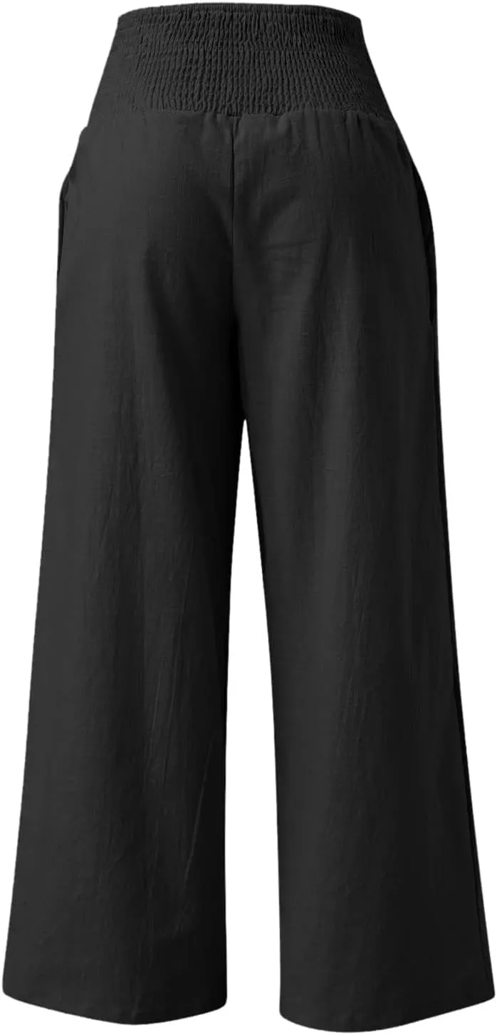 ZWRXW Women Linen Palazzo Pants Summer Wide Leg Pants Bow-Knot High Waisted Casual Lounge Pant Lightweight Beach Trousers